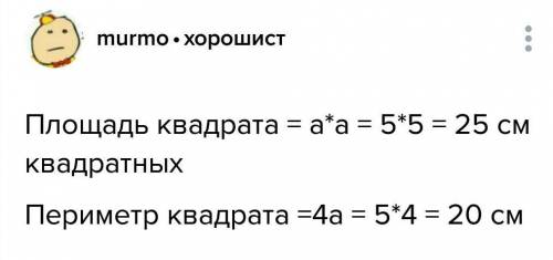 Узнай площадь квадрата со стороной 5 см найди его периметр​