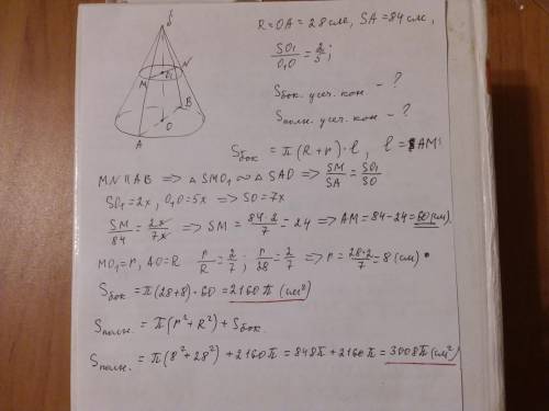 Секущая плоскость делит высоту конуса, радиус основания которого 28см, а образующая 84см, в отношени