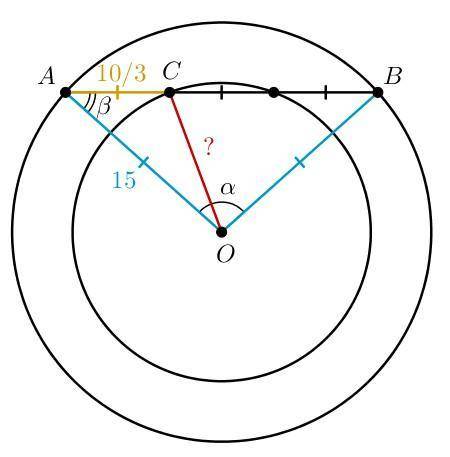 Даны две концентрические линии окружности.радиус самой длинной линии окружности 15 см,в ней проведен