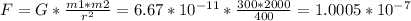 F=G*\frac{m1*m2}{r^2} =6.67*10^{-11}*\frac{300*2000}{400} =1.0005*10^{-7}