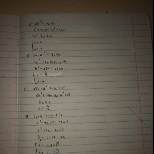 Найти корни уравнений 7.16. 1) (x+1)^2=(2*x-1)^2; 2) (2*x-3)^2=11*x-19; 3) 15*(x+1)^2=15*x^2+17;