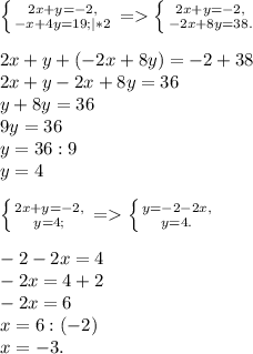 \left \{ {{2x+y=-2,} \atop {-x+4y=19;|*2}} \right= \left \{{{2x+y=-2,} \atop {-2x+8y=38.}}\right\\\\2x+y+(-2x+8y)=-2+38\\2x+y-2x+8y=36\\y+8y=36\\9y=36\\y=36:9\\y=4\\\\\left \{ {{2x+y=-2,} \atop {y=4;}} \right =\left \{ {{y=-2-2x,} \atop {y=4.}}\right \\\\-2-2x=4\\-2x=4+2\\-2x=6\\x=6:(-2)\\x=-3.