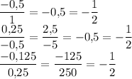 \dfrac{-0{,}5}{1}=-0{,}5=-\dfrac{1}{2}\\\dfrac{0{,}25}{-0{,}5}=\dfrac{2{,}5}{-5}=-0{,}5=-\dfrac{1}{2}\\\dfrac{-0{,}125}{0{,}25}=\dfrac{-125}{250}=-\dfrac{1}{2}