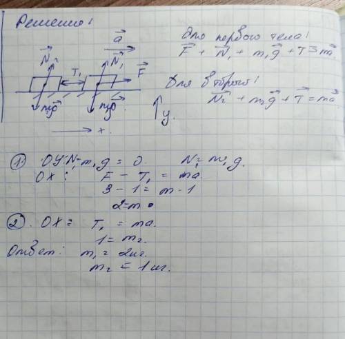 Два бруска связанные лёгкой нерастяжимой нитью скользят с ускорением 1 м/с в квадрате, по гладкому с