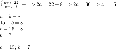 \left \{ {{a+b=22} \atop {a-b=8}} \right.|+=2a=22+8=2a=30=a=15\\\\ a-b=8\\15-b=8\\b=15-8\\b=7\\\\ a=15;\; b=7