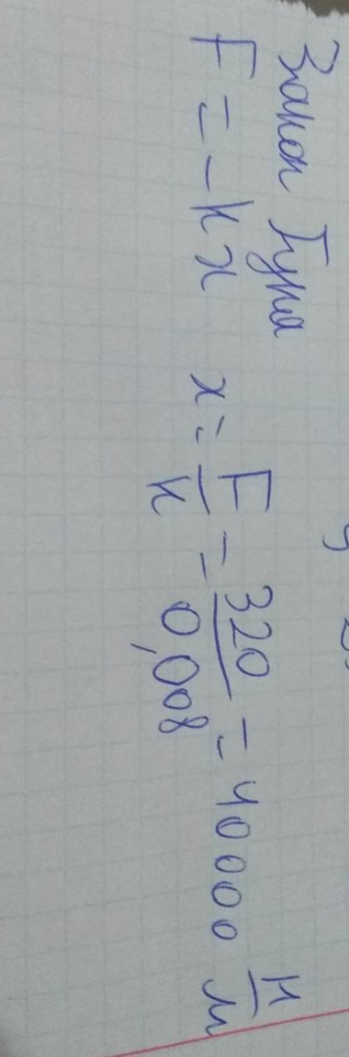 Под действием силы 320 н пружина амортизатора сжалась на 8 мм. какова жёсткость пружины?