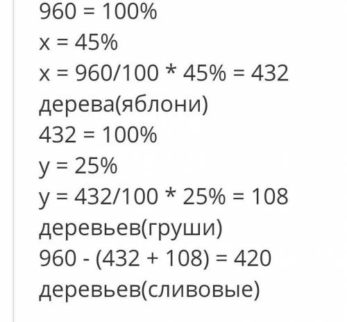 Всаду 960 фруктовых деревьев.45% из них яблони,25% остальных деревьев груши,а остальные сливовые дер