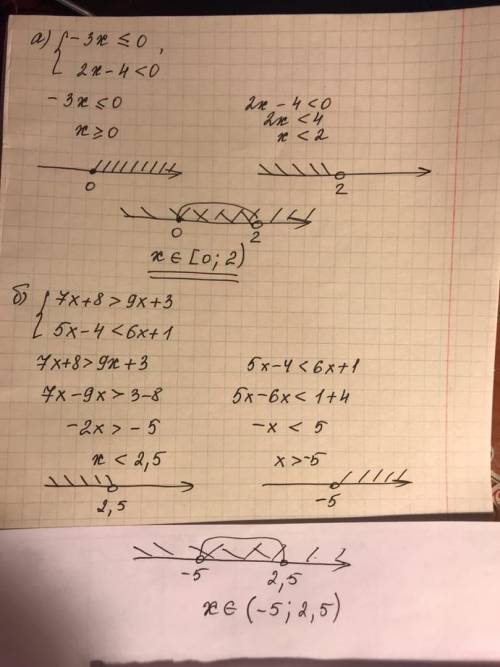 Решите систему неравенств: а) {-3х< =0; 2х-4< 0 б) {7х+8> 9х+3; 5х-4< 6х+1