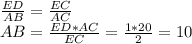 \frac{ED}{AB}=\frac{EC}{AC}\\AB=\frac{ED*AC}{EC}=\frac{1*20}{2}=10