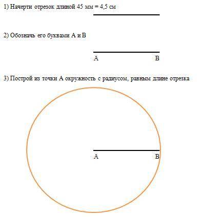 Начерти отрезок длиной 45 мм. обозначь егобуквами а и в. построй из точки а окруж-ность с радиусом,