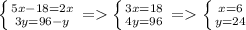 \left \{ {{5x-18=2x} \atop {3y=96-y}} \right.=\left \{ {{3x=18} \atop {4y=96}} \right.=\left \{ {{x=6} \atop {y=24}} \right.