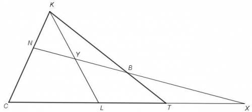 На сторонах ck, kt и tc треугольника ckt взяты соответственно точки n, b и l, причем cn: nk=3: 2; kb