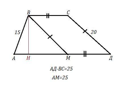 Бічні сторони трапеції 15 см і 20 см а різниця їх основ 25 см знайти висоту трапеції с полным решени