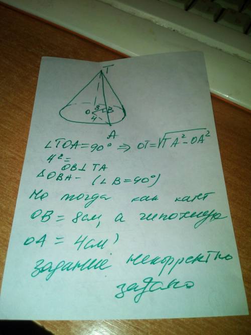 Радіус основи конуса дорівнює 4 см, а відстань від центра його основи до твірної – 8 см. знайдіть ви