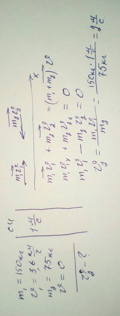 Тележка массой 150кг движется по рельсам со скоростью 3,6 км/ч. по дороге бежит человек массой 75 кг