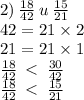 2) \: \frac{18}{42} \: u \: \frac{15}{21} \\ 42 = 21 \times 2\\ 21 = 21 \times 1 \\ \frac{18}{42} \: < \: \frac{30}{42} \\ \frac{18}{42} \: < \: \frac{15}{21}