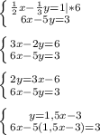 \left \{ {{\frac{1}{2}x-\frac{1}{3}y=1}|*6 \atop {6x-5y=3}} \right.\\\\\left \{ {{3x-2y=6} \atop {6x-5y=3}} \right.\\\\\left \{ {{2y=3x-6} \atop {6x-5y=3}} \right.\\\\\left \{ {{y=1,5x-3} \atop {6x-5(1,5x-3)=3}} \right.