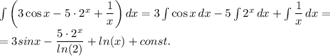 \int{\left(3\cos x - 5\cdot2^x + \dfrac{1}{x}\right)} \, dx = 3\int{\cos x} \, dx - 5\int{2^x} \, dx + \int{\dfrac{1}{x}} \, dx =\\= 3sinx - \dfrac{5\cdot2^x}{ln(2)} + ln(x) + const.