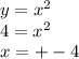 y = {x}^{2} \\ 4 = {x}^{2} \\ x = + - 4