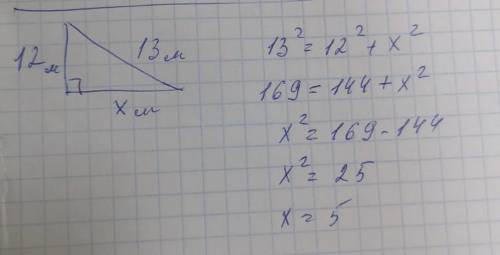 Один из катетов прямоугольного треугольника равен 12м, а гипатенуза 13м. найти катет и площадь​