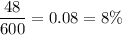 \dfrac{48}{600}=0.08=8\%