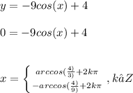 y = -9cos (x) + 4\\\\0 = -9cos (x) + 4\\\\\\x = \left \{ {{arccos (\frac{4)}{3)} + 2k\pi }\atop {- arccos (\frac{4)}{9)}+ 2k\pi }} \right. , k ∈Z