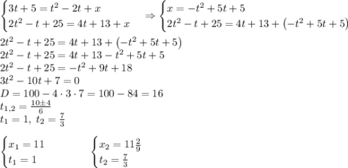 \begin{cases}3t+5=t^2-2t+x\\2t^2-t+25=4t+13+x\end{cases}\Rightarrow\begin{cases}x=-t^2+5t+5\\2t^2-t+25=4t+13+\left(-t^2+5t+5\right)\end{cases}\\\\2t^2-t+25=4t+13+\left(-t^2+5t+5\right)\\2t^2-t+25=4t+13-t^2+5t+5\\2t^2-t+25=-t^2+9t+18\\3t^2-10t+7=0\\D=100-4\cdot3\cdot7=100-84=16\\t_{1,2}=\frac{10\pm4}6\\t_1=1,\;t_2=\frac73\\\\\begin{cases}x_1=11\\t_1=1\end{cases}\quad\quad\quad\begin{cases}x_2=11\frac29\\t_2=\frac73\end{cases}