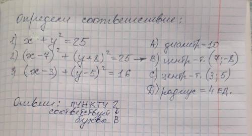 1. определите соответствие: а) диаметр равен 101) х? +y2 = 252) (х – 7)2 + (у + 8)2 = 253) (х – 3)+