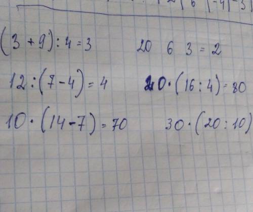 Вставь пропущенные знаки, чтобы равенства стали верными, (3? 9)? 4=3 20? 6? 3=2 12? (7? 4)=4 20? (16