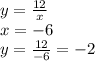 y = \frac{12}{x} \\ x = - 6 \\ y = \frac{12}{ - 6} = - 2