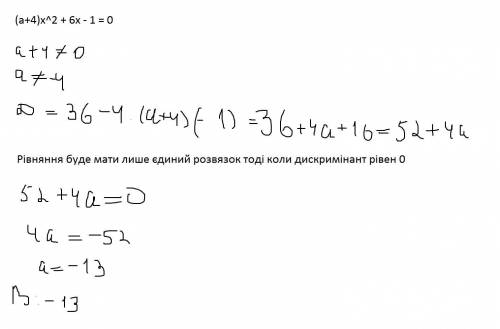 При яких a рівняння (a+4)x^2 + 6x - 1 = 0 має єдиний розв’язок