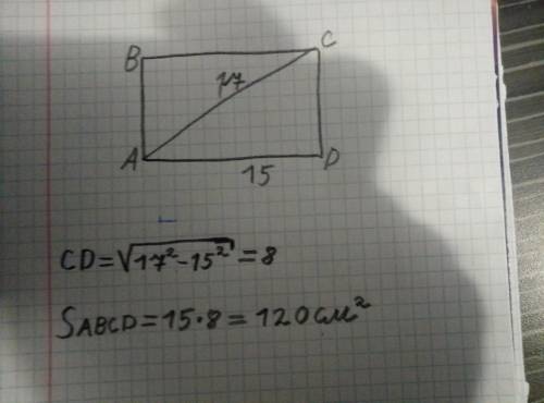 найти площадь abcd ac=17см ad=15см abcd- прямоуг