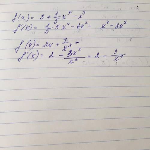 Найдите производную функцииf(x)=3+1/5x^5-x^3f(x)=2x+1/x³