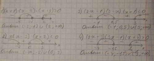 Решите неравенство: 1) (x+1)(x-2)(x+5)> 0 2) x(x-3)(x+2)< 0 3) (2x-1)(3-x)(x+1)< 0 4) (2x+