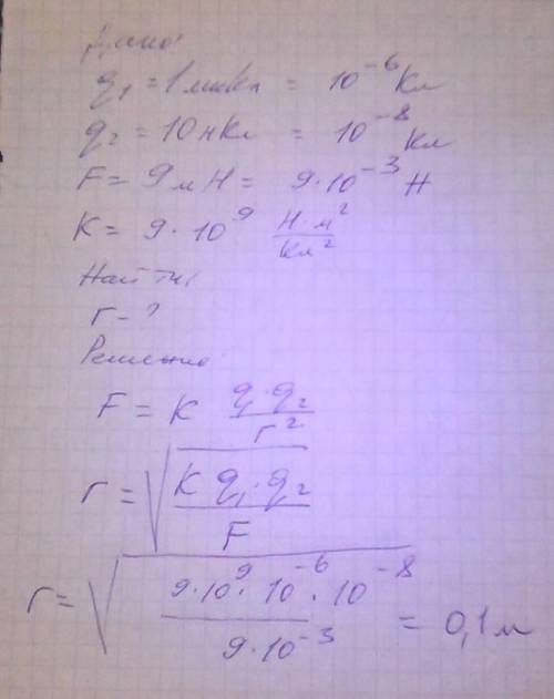 вопрос о q1=1мккл q2=10нкл f=9мн r-?