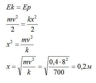 Пружина жесткостью 700 н/м сжимается под действием подлетевшего со скоростью 8 м/с тела массой 0,4 к
