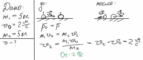 Иобъясните шар массой 5 кг движущийся со скоростью 2 м/ с налетает на покоящийся шар массой 5 кг при