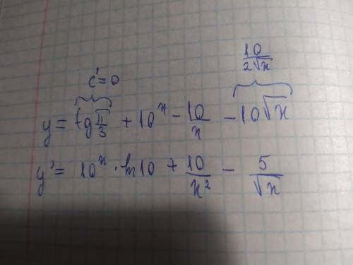 Найти производную y=tg pi/3 + 10^x-10/x-10√x