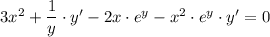 3x^2+\dfrac{1}{y} \cdot y'-2x\cdot e^y-x^2\cdot e^y\cdot y'=0