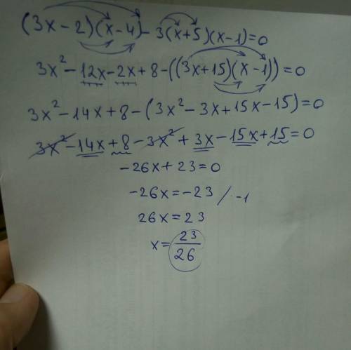 Решить уравнение (3x-2)(x-4)-3(x+5)(x-1)=0​