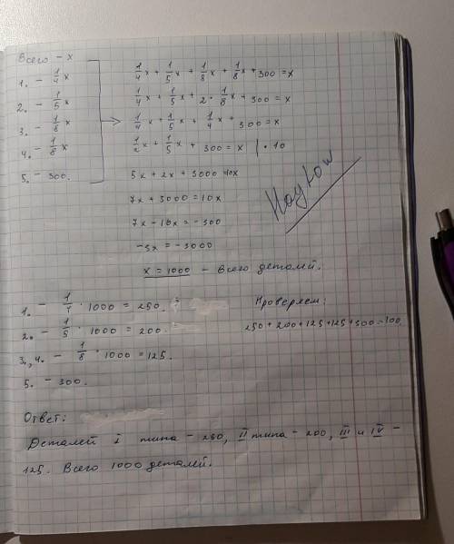 На складе есть 5 типов деталей. первых деталей 1/4 от всего количества, вторых 1/5 от всего количест