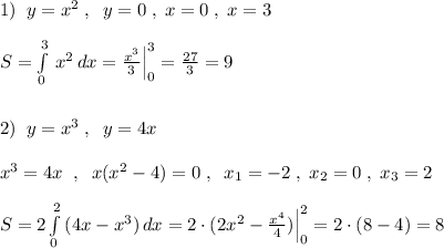 1)\; \; y=x^2\; ,\; \; y=0\; ,\; x=0\; ,\; x=3\\\\S=\int\limits^3_0\, x^2\, dx=\frac{x^3}{3}\Big |_0^3=\frac{27}{3}=9\\\\\\2)\; \; y=x^3\; ,\; \; y=4x\\\\x^3=4x\; \; ,\; \; x(x^2-4)=0\; ,\; \; x_1=-2\; ,\; x_2=0\; ,\; x_3=2\\\\S=2\int\limits^2_0\, (4x-x^3)\, dx=2\cdot (2x^2-\frac{x^4}{4})\Big |_0^2=2\cdot (8-4)=8