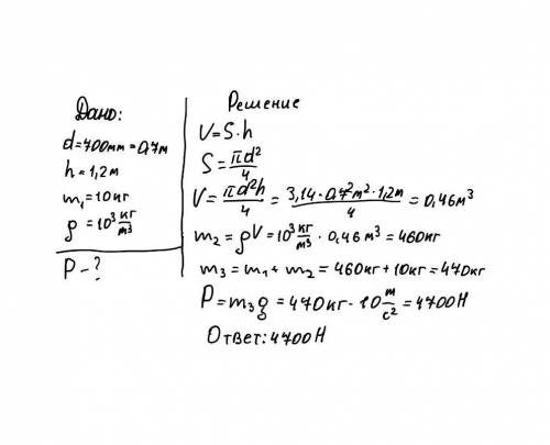 Резервуар диаметром 700мм и высотой 1,2м имеет массу 10кг. определить вес резервуара заполненного во