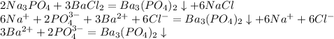 2Na_3PO_4+3BaCl_2=Ba_3(PO_4)_2\downarrow+6NaCl\\6Na^++2PO_4^{3-}+3Ba^{2+}+6Cl^-=Ba_3(PO_4)_2\downarrow+6Na^++6Cl^-\\3Ba^{2+}+2PO_4^{3-}=Ba_3(PO_4)_2\downarrow