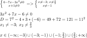 \left \{ {{6-7x-3x^2\neq0} \atop {x+1\neq0}} \right.=\left \{ {{x\neq -3;\;x\neq \frac{2}{3} } \atop {x\neq-1 }} \right. \\\\3x^2+7x-6\neq0\\D=7^2-4*3*(-6)=49+72=121=11^2\\x_1\neq -3;\;x_2\neq \frac{2}{3}\\\\x\in(-\infty;-3)\cup(-3;-1)\cup(-1;\frac{2}{3})\cup(\frac{2}{3};+\infty)