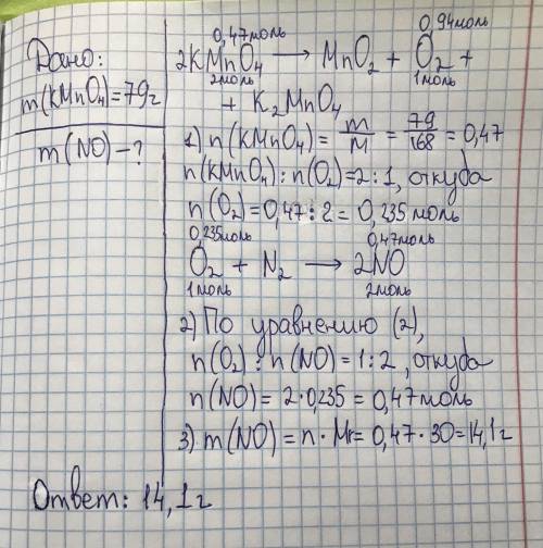 При разложении 79 г. перманганата калия выделился кислород, который полностью прореагировал с азотом