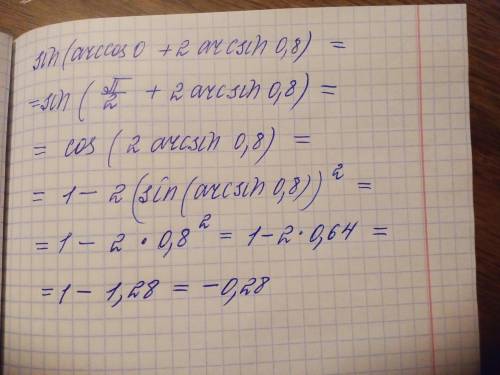 Вычислить sin(arccos0+2arcsin0.8) ​