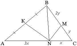 Дано: s(aвс)  = 36 cм2, an : nc = 3 : 1, вм : мс = 2 : 1,ак = вк.найти: а) s(cmn) - ? б) s(akn)