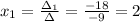 x_1=\frac{\Delta_1}{\Delta}=\frac{-18}{-9}=2