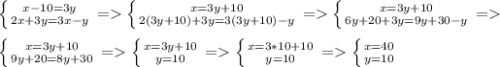 \left \{ {{x-10=3y} \atop {2x+3y=3x-y}} \right.=\left \{ {{x=3y+10} \atop {2(3y+10)+3y=3(3y+10)-y}} \right.=\left \{ {{x=3y+10} \atop {6y+20+3y=9y+30-y}}\right.=\\\\\ \left \{ {{x=3y+10} \atop {9y+20=8y+30}} \right.=\left \{ {{x=3y+10} \atop {y=10}} \right.=\left \{ {{x=3*10+10} \atop {y=10}} \right.=\left \{ {{x=40} \atop {y=10}} \right.